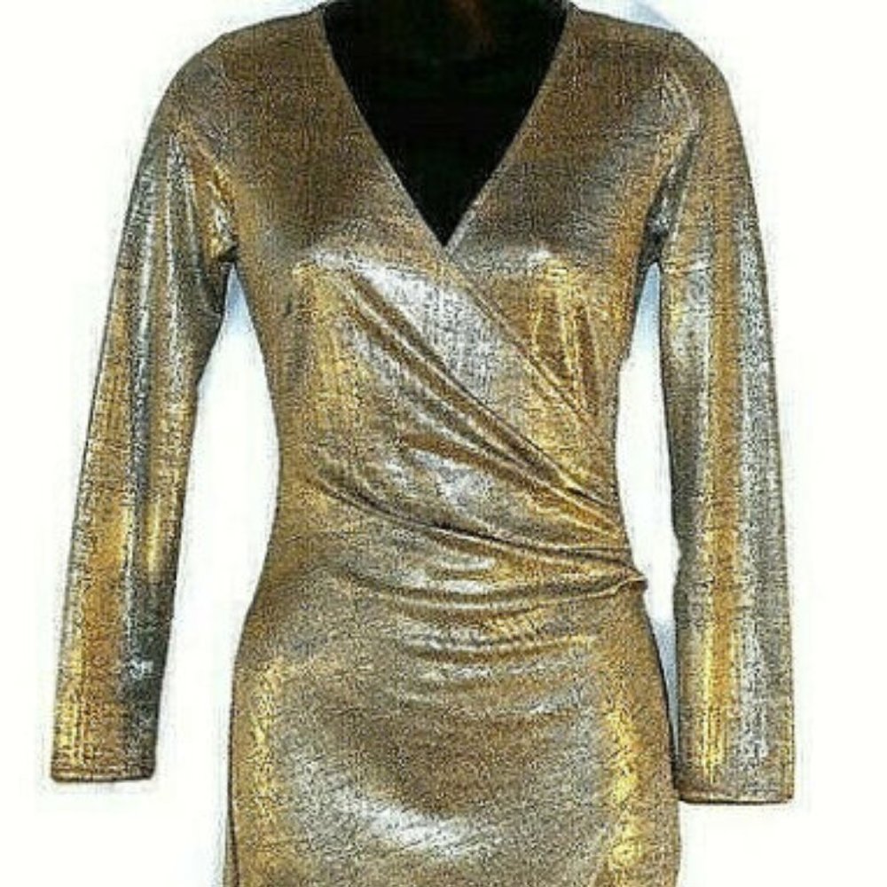 Long Sleeve Metallic Side Rouched Dress Size S